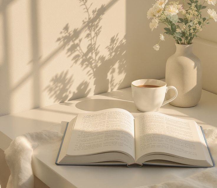 An open book and a cup of tea on a table in dappled window light