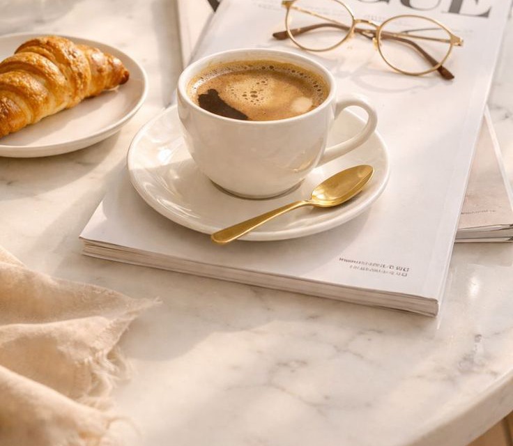 A coffee cup and gold spoon resting on a magazine on a marble table