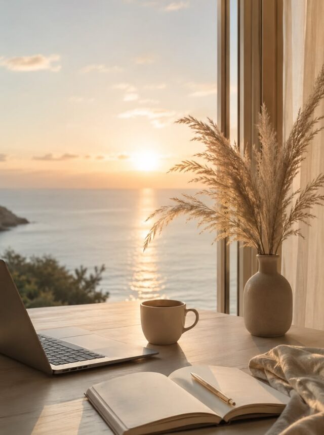 A laptop and open notebook on a desk facing a sunset over the sea