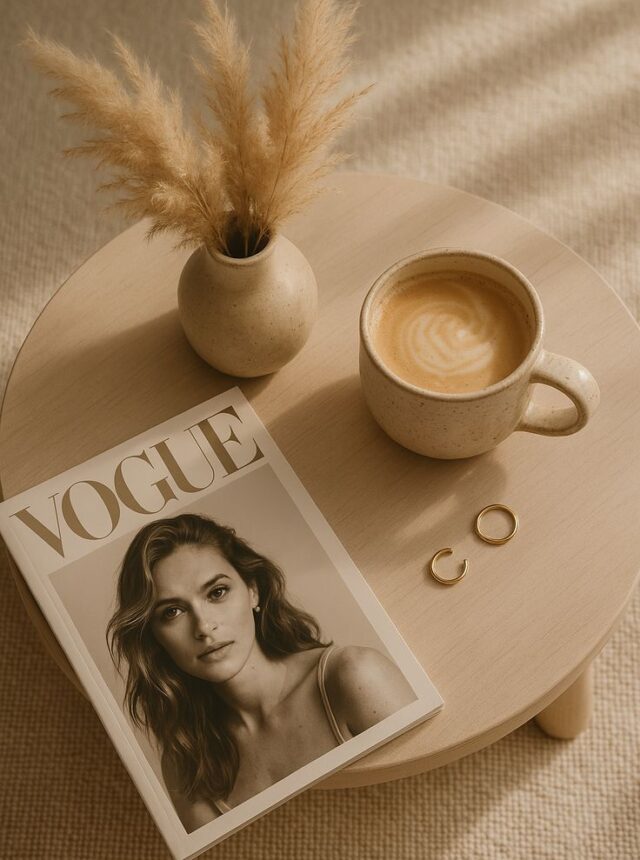 Vogue magazine, a flat white and gold hoops on a pale wood table