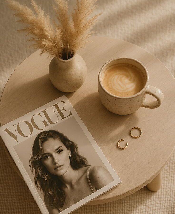 Vogue magazine, a flat white and gold hoops on a pale wood table