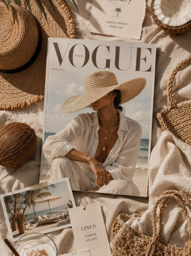 Vogue Italia issue styled on linen with a straw hat and woven bag