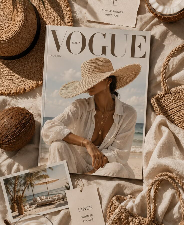 Vogue Italia issue styled on linen with a straw hat and woven bag