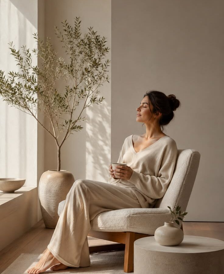 A woman in cream loungewear with a cup, beside an olive tree in a sunlit room
