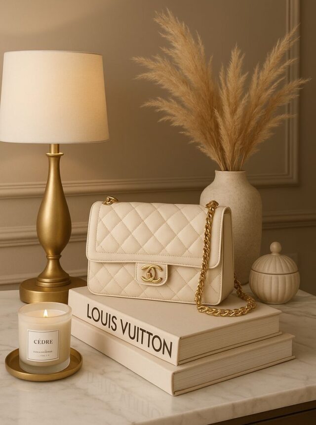 A cream quilted handbag on stacked art books beside a brass lamp