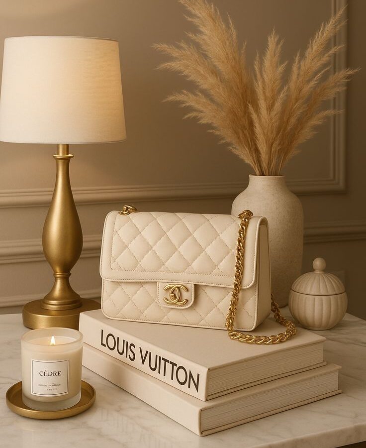 A cream quilted handbag on stacked art books beside a brass lamp