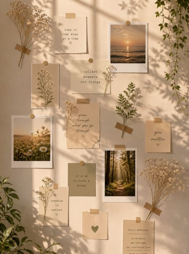 A moodboard of taped photographs and handwritten notes on a sunlit wall
