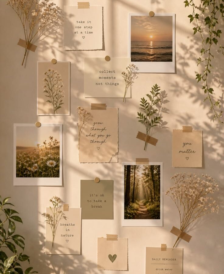 A moodboard of taped photographs and handwritten notes on a sunlit wall